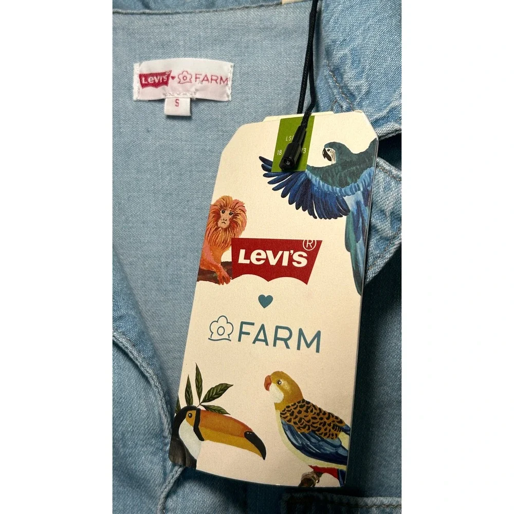 Levi's x FARM Rio Luella Denim Jumpsuit Small Light Wash Blue Macaw Parrot NWT